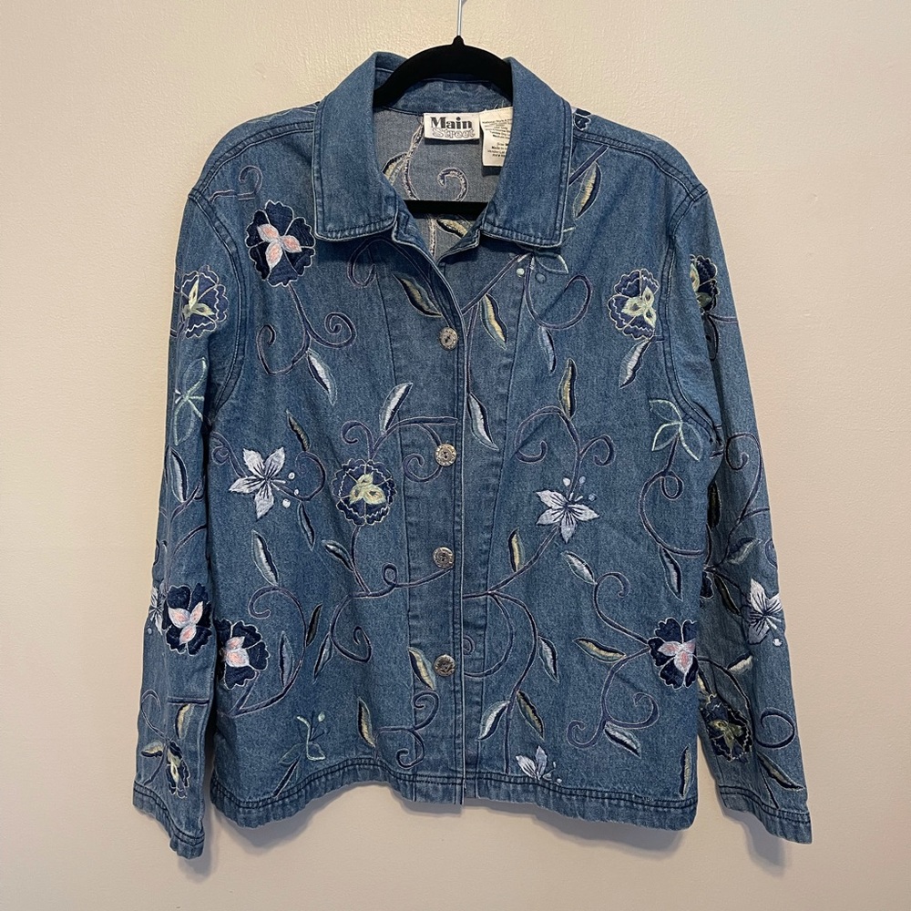 Main Street Vintage Denim and Embroidered Flowers Button Up Shirt/Jacket